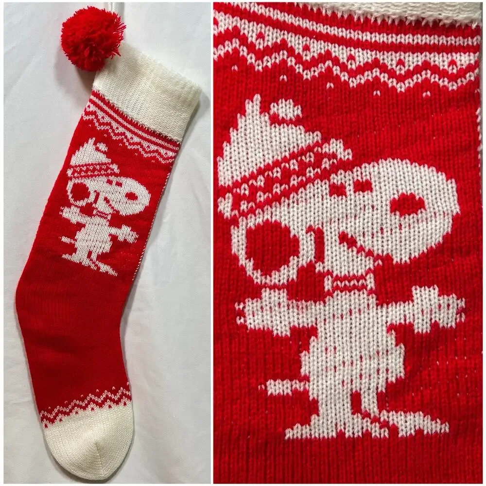 Vintage 1958 Hallmark Peanuts Snoopy Knit Christmas Stocking Red & White Pom Pom